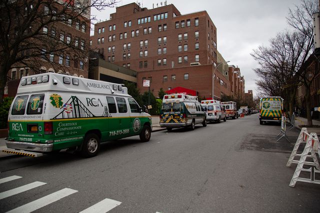 Numerous ambulances wait outside Methodist Hospital in Park Slope, Brooklyn